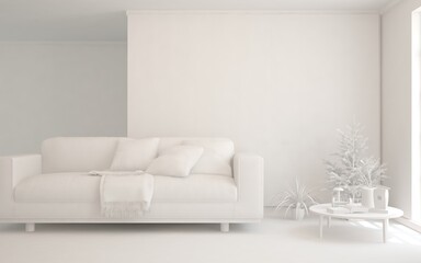 Fototapeta na wymiar White minimalist living room with sofa. Scandinavian interior design. 3D illustration