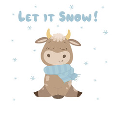 Obraz na płótnie Canvas Let it snow cute bulls with snowflakes and scarf isolate on a white background. Vector graphics