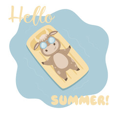 Fototapeta na wymiar Hello summer Cute bulls with glasses and mattress sea summer and spring isolate on a white background. Vector graphics