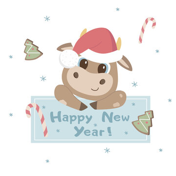 Happy new year cute bulls with snowflakes gingerbread hat candy isolate on a white background. Vector graphics
