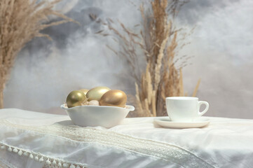 composition of eggs on the background of the table. Easter composition.
