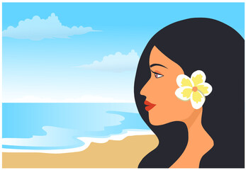 Beautiful woman face on beach summer background. Summer concept