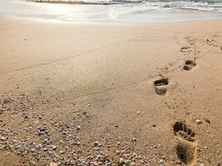 foot prints on the sandy beach in summer