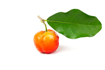 Acerola Cherry or Barbados Cherry with leaf isolated on white background.