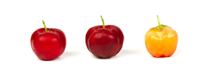 Acerola Cherry or Barbados Cherry with leaf isolated on white background.