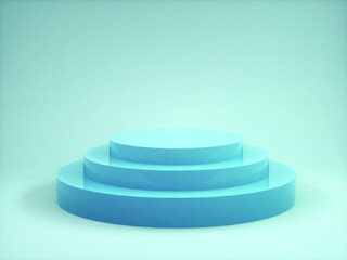 Minimalistic blue showcase with empty space. Podium with three steps. Vector illustration. Minimal design for product presentation in trendy, modern style. Template in pastel colors. EPS 10.