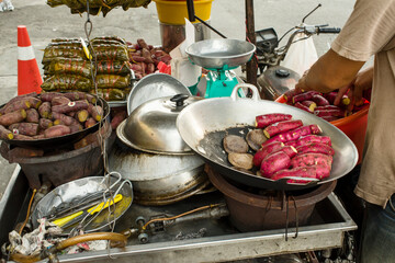 mobile cart with sweet potato cuisine in Bangkok, Thailand