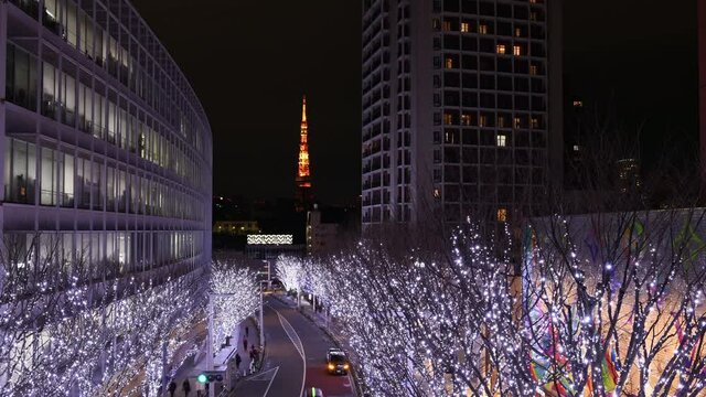 Tokyo Japan Feb 9 , 2019 Time-lapse: Roppongi Hills with Christmas illuminations