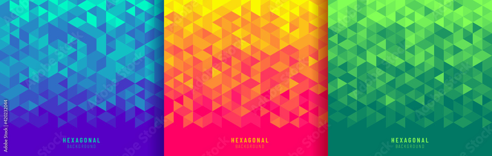 Sticker set of abstract geometric hexagon pattern blue pink yellow & green background with copy space. creat
