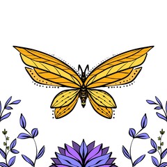 Cute Yellow butterfly on a white background lines cartoon drawing flowers 