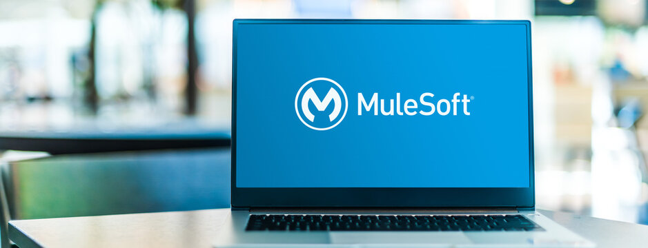 Laptop computer displaying logo of MuleSoft