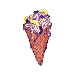Ice cream sundae wafer cone with lemon and blueberry and milk cream with berry. Hand drawn vector illustration. Ice cream vanilla sundae in wafer cup with berry and fruits.