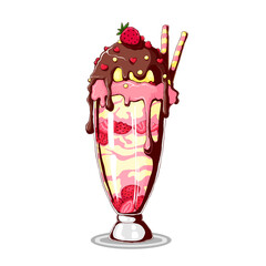 Ice cream in sundae glass dish cup with sliced strawberry, chocolate, dragee and wafer stick. Vector hand drawn illustration isolated on white background. Tasty vanilla strawberry sundae bowl