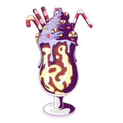 Ice cream in sundae glass dish cup with caramel, chocolate, dragee and wafer stick. Vector hand drawn illustration isolated on white background.