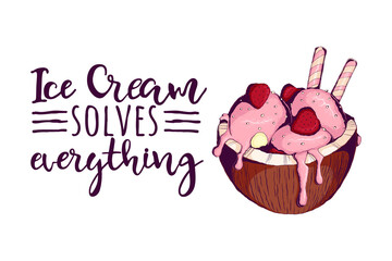 Ice cream and quote, decorative background. Colorful backdrop with stylized vector hand draw ice cream illustration. ice cream solves everything, poster design. Illustration with object and text.