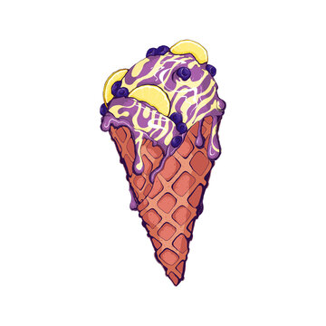 Ice cream sundae wafer cone with lemon and blueberry and milk cream with berry. Hand drawn vector illustration. Ice cream vanilla sundae in wafer cup with berry and fruits.