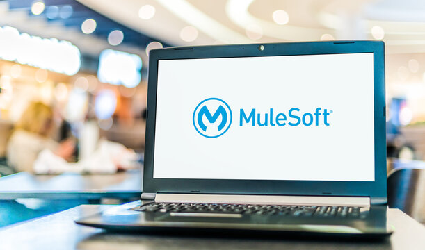 Laptop computer displaying logo of MuleSoft