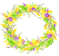 Easter Wreath with Willow branches, Eggs, plants, leaves. Circle frame. Watercolor illustration.