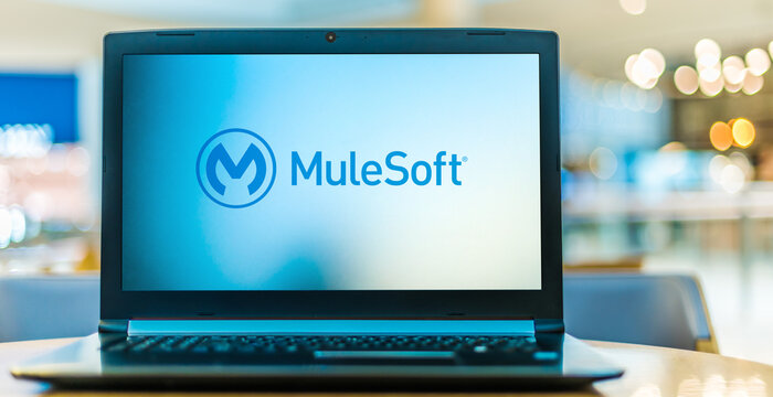 Laptop computer displaying logo of MuleSoft
