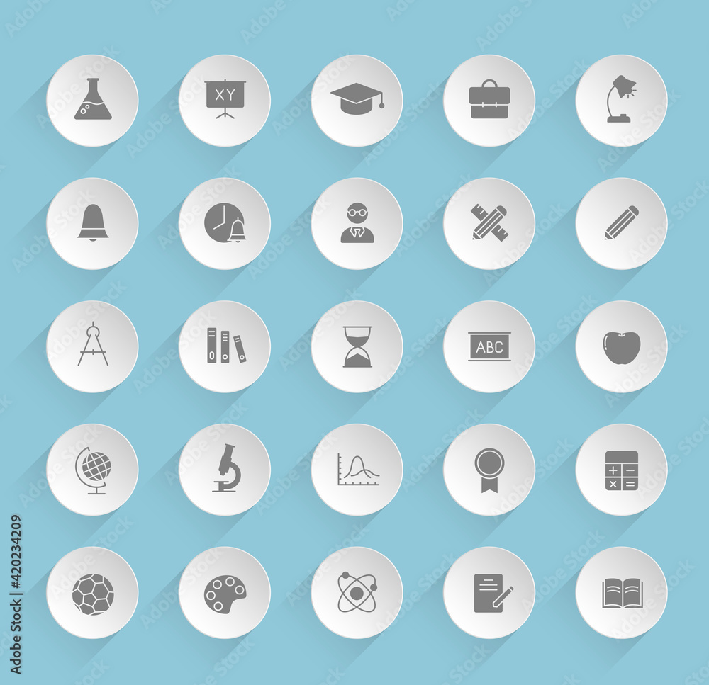 Poster education vector icons on round puffy paper circles with transparent shadows on blue background. edu