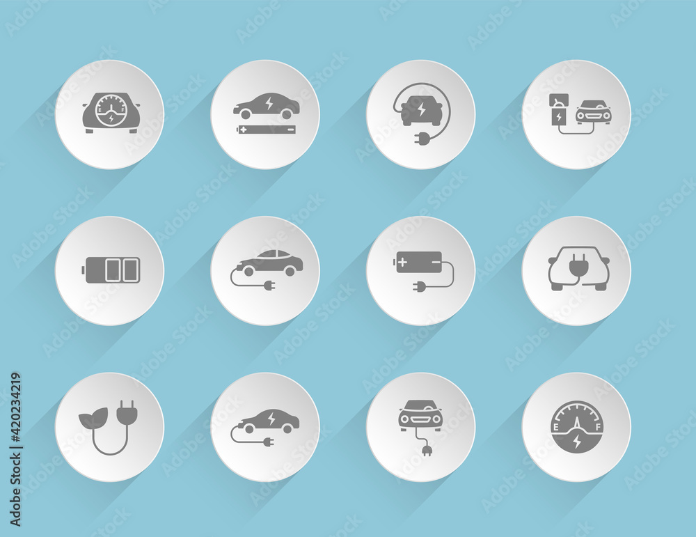 Poster eco car vector icons on round puffy paper circles with transparent shadows on blue background. elect