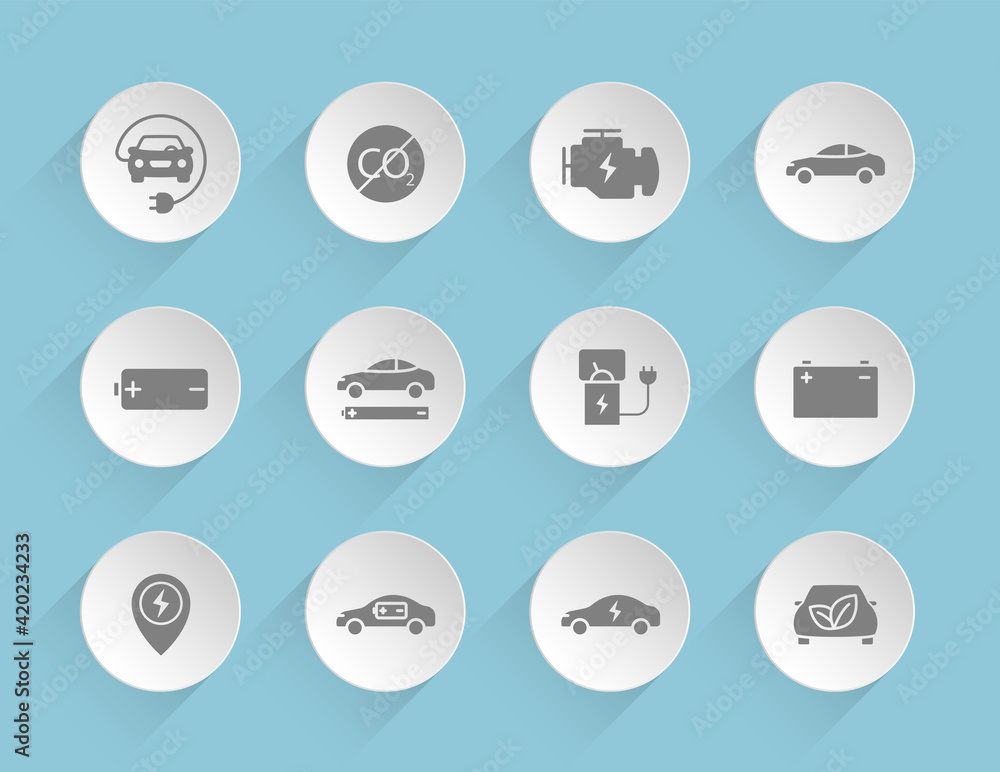 Aufkleber eco car vector icons on round puffy paper circles with transparent shadows on blue background. elect