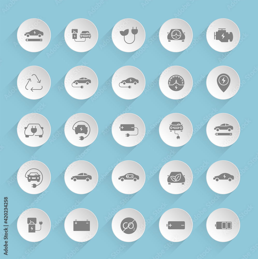 Poster eco car vector icons on round puffy paper circles with transparent shadows on blue background. elect