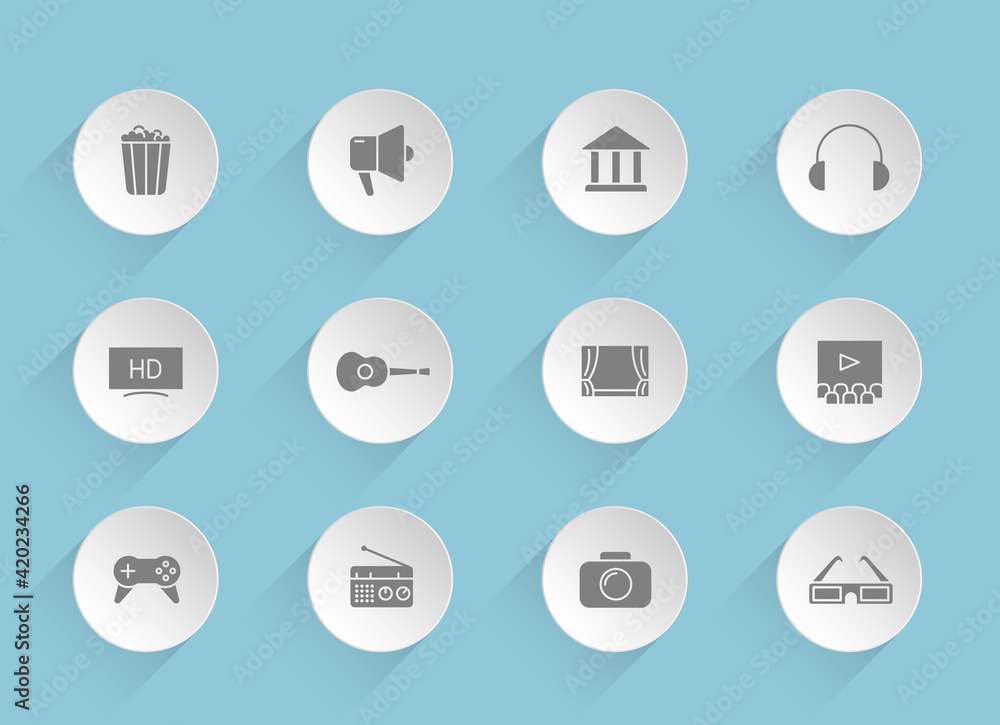 Poster entertainment vector icons on round puffy paper circles with transparent shadows on blue background.