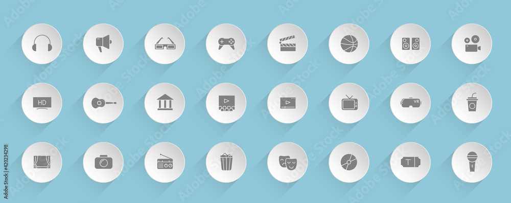 Poster entertainment vector icons on round puffy paper circles with transparent shadows on blue background.