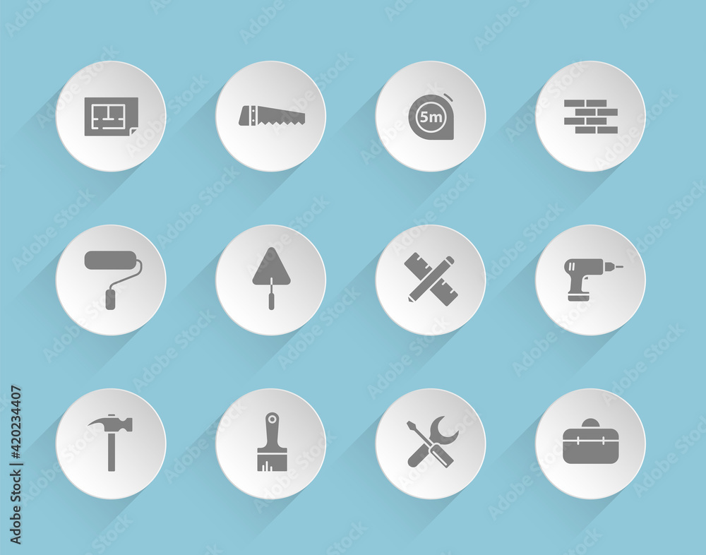Poster home repair vector icons on round puffy paper circles with transparent shadows on blue background. c