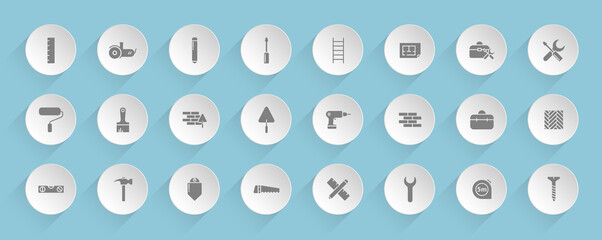 home repair vector icons on round puffy paper circles with transparent shadows on blue background. construction stock vector icons for web, mobile and user interface design