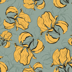 Floral seamless vector hand drawn sketchy style pattern with big iris flowers.
