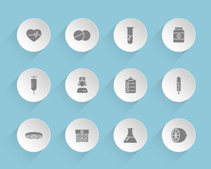 medical vector icons on round puffy paper circles with transparent shadows on blue background. healthcare stock vector icons for web, mobile and user interface design