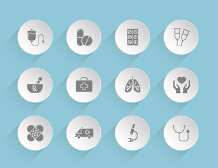 medical vector icons on round puffy paper circles with transparent shadows on blue background. healthcare stock vector icons for web, mobile and user interface design