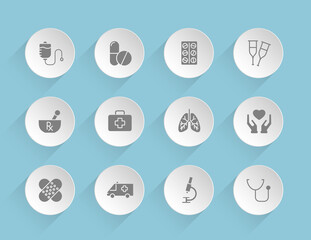 Fototapeta premium medical vector icons on round puffy paper circles with transparent shadows on blue background. healthcare stock vector icons for web, mobile and user interface design