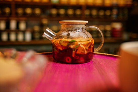 Hookah bar, tonic drink in glass teapot, nobody