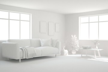 White minimalist living room with sofa. Scandinavian interior design. 3D illustration