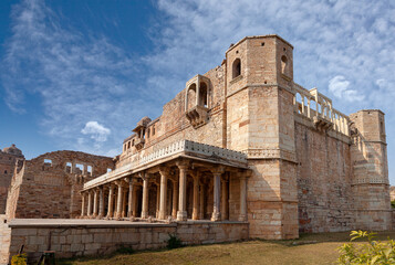 Fototapeta premium Ancient ruined Rana Kumbha Palace in Chittorgarh Fort, Rajasthan state of India. It is the oldest palace within the fort