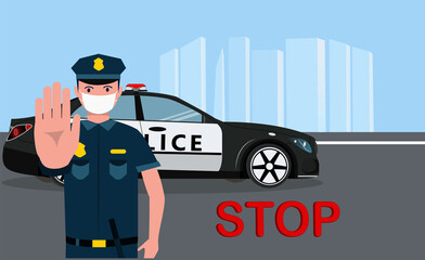 The policeman is showing a hand palm stopping access to cars.