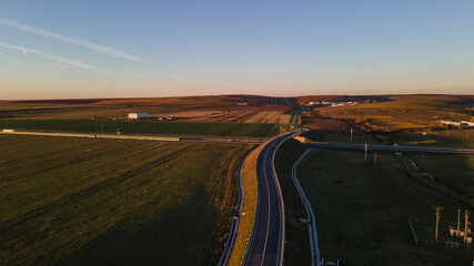 Fototapeta na wymiar Drone image of a highway on a sunset