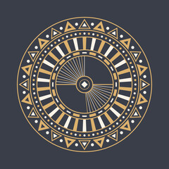 Naklejka premium Abstract circular ornament. Ethnic mandala. Stylized sun symbol. Rosette of geometric elements. Tribal ethnic motif. Round color pattern. Decorative vector design element.