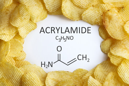 Acrylamide in food. Chips snack food and chemical formula of acrylamide
