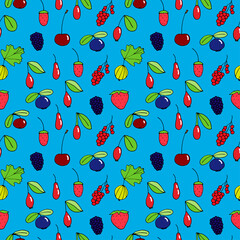 Seamless berry pattern, vector doodle illustration, hand drawing, colored, blue background