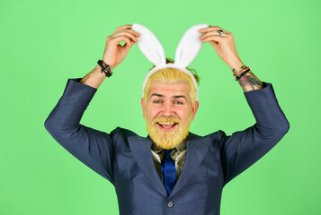 Spring holidays celebration. Greetings concept. Having fun. Bearded man bunny ears on head. Funny boss. Easter activities for office. Businessman wear bunny costume accessory. Bunny Easter symbol
