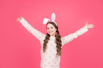 being carefree. smiling teenager girl in sleepwear. bunny hunt begin. just having fun.