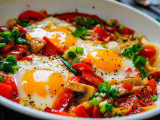 Shakshuka - fried eggs with sausages and vegetables in frying pan
