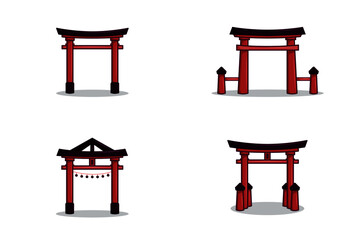 Collection of Japanese Torii Gate Temple Simple Flat Illustration. Beautiful Shintoism Religious Architecture