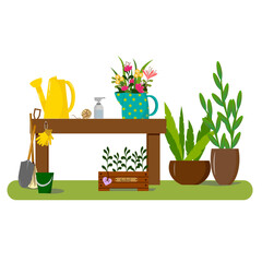 Garden illustration - a table, a watering can, a jug of flowers and a box of herbs, gardening tools. Vegetable garden or garden interior illustration. Vector illustration. For use in decor, flyers, le