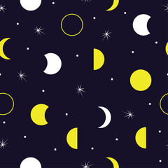 Obraz na płótnie Canvas Seamless pattern of moon and stars on dark background. Vector illustration of abstract repeat night background. Night sky background.