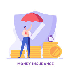 Financial insurance. People saving money and protecting bank deposit. Safety investment. Concept of money protection, guarantee. Financial saving insurance. Vector illustration in flat design